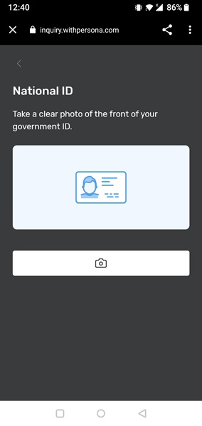Roblox asking you to take a photo of the front of your national ID for identity verification purposes.