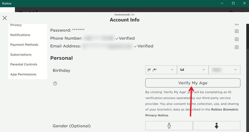 Clicking "Verify My Age" button in Roblox app for desktop.