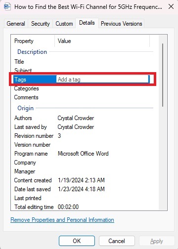 Adding the work tag to a word document.