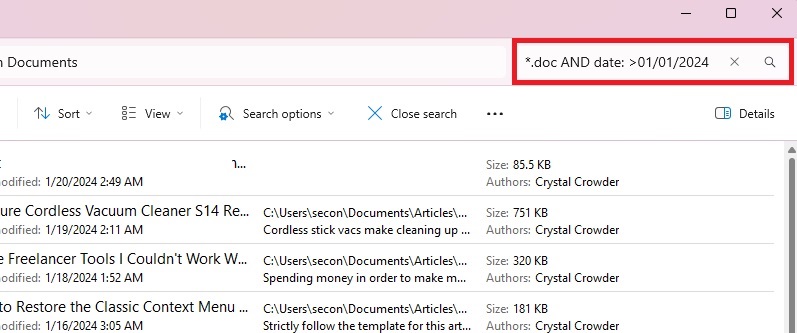 Combining extension and date filters with the Boolean term AND.
