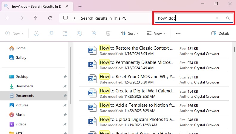 Searching File Explorer for Word documents using the Windows search filter for file extensions.