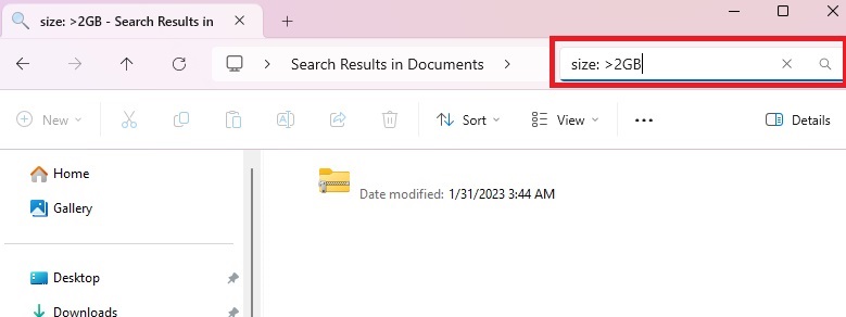 Searching File Explorer for files over 2GB in size.