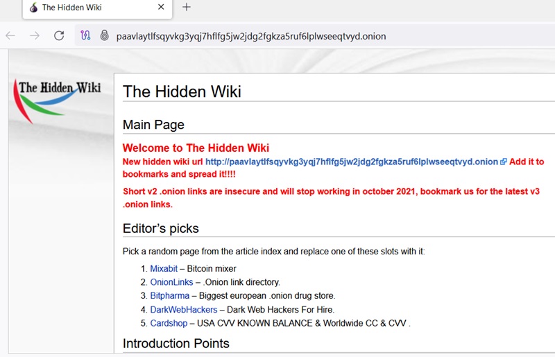 HiddenWiki, an encyclopedia of various deep and dark web websites. 