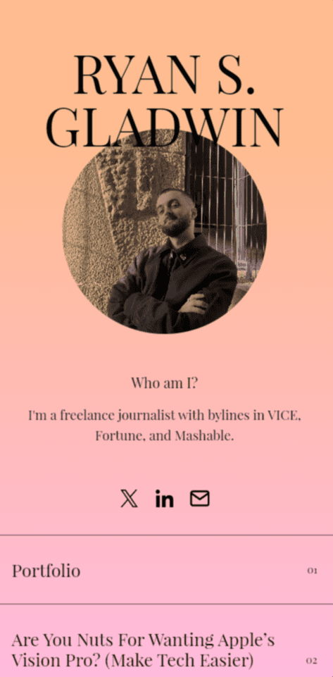 Biosites mobile-friendly business card. Ryan's name and picture top and centre. Below is a "who am I?" section followed by social media buttons and two links to his portfolio and an article he wrote.