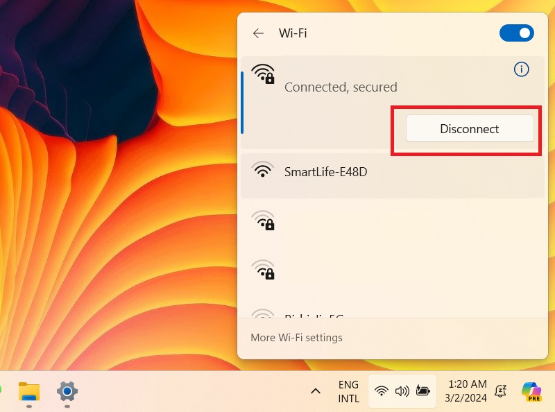 Disconnect a Wi-Fi network from System Tray in Windows 11. 