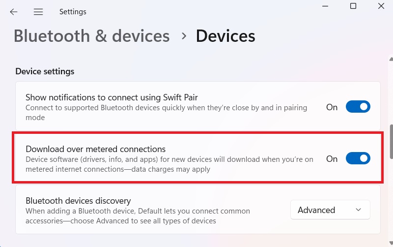 Download over metered connections is toggled on for Bluetooth devices. 