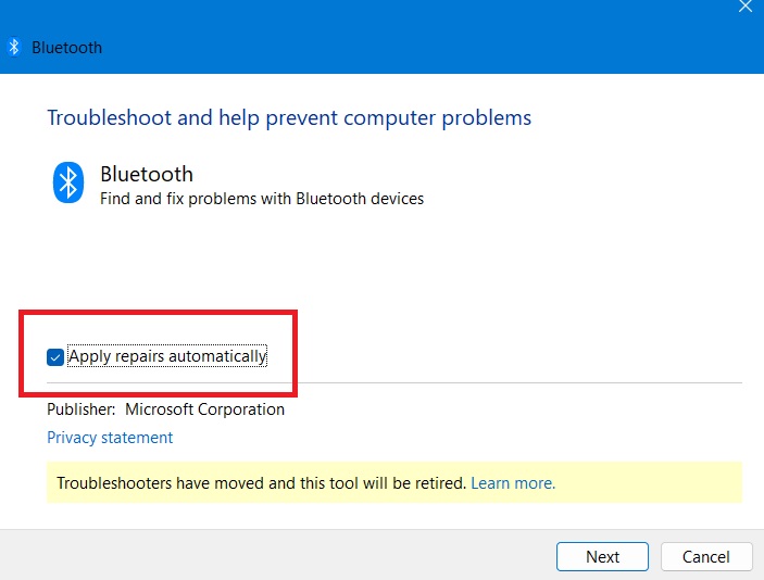 Apply repairs automatically to a Bluetooth troubleshooter in Windows.