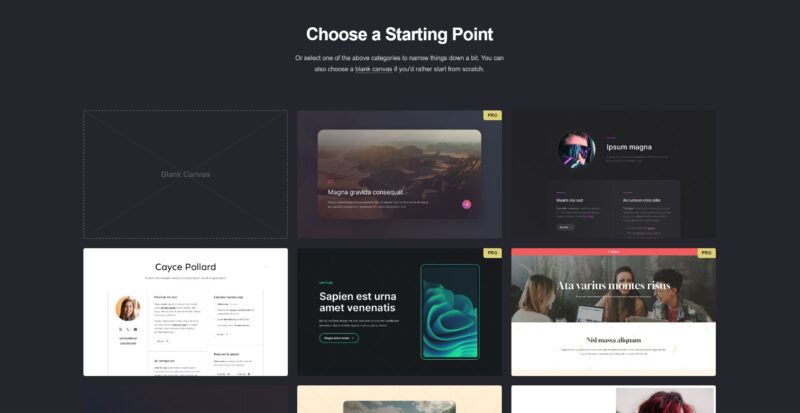 Wide range of templates on the Carrd site builder.