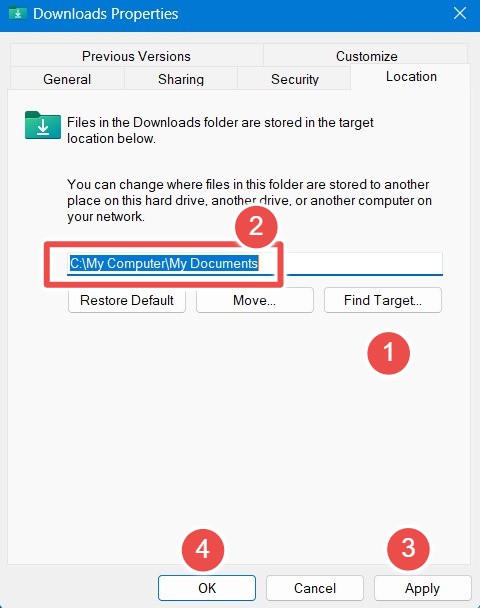 Downloads folders default save location changed to "My Documents" using Downloads folder Properties.