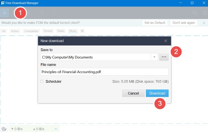 Downloading a PDF file to a folder of choice in Windows using Free Download Manager.
