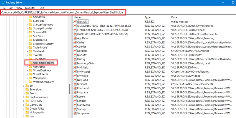 "User Shell Folders" location under Registry Editor path with right-side strings visible. New string called "Data" has to be created.