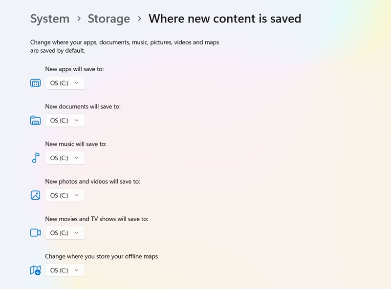 Changing the default save location for apps, photos and videos based on where new content is saved.