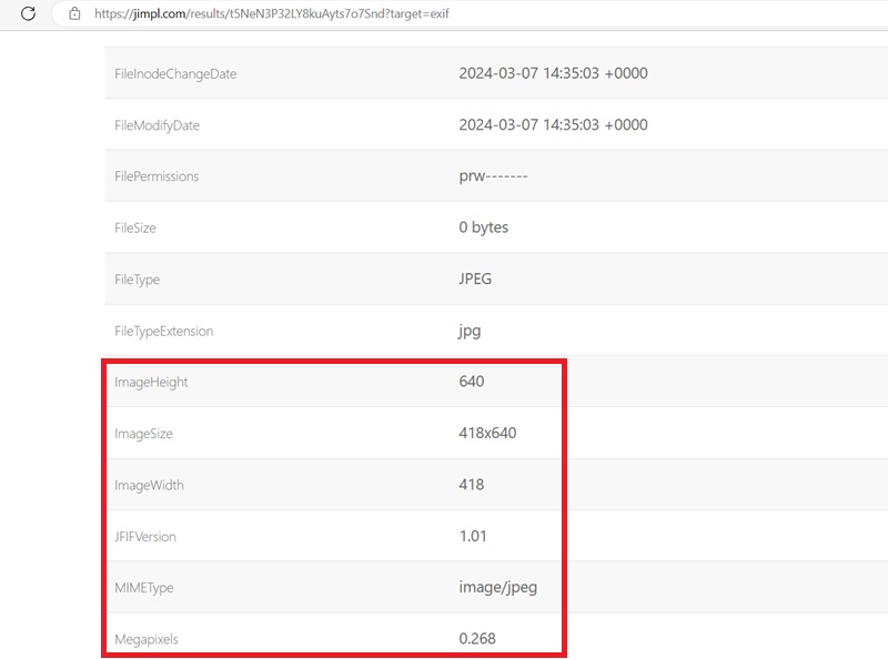 Image full metadata missing in Jimpl and the image width, height are suspicious values. 