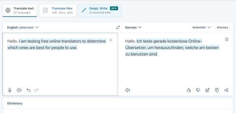 Using DeepL Online Translator to Translate English to German