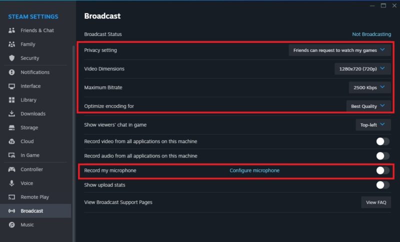 Steam Broadcast Settings