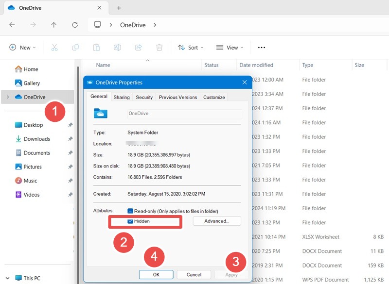 OneDrive folder hidden attributes via its Properties.