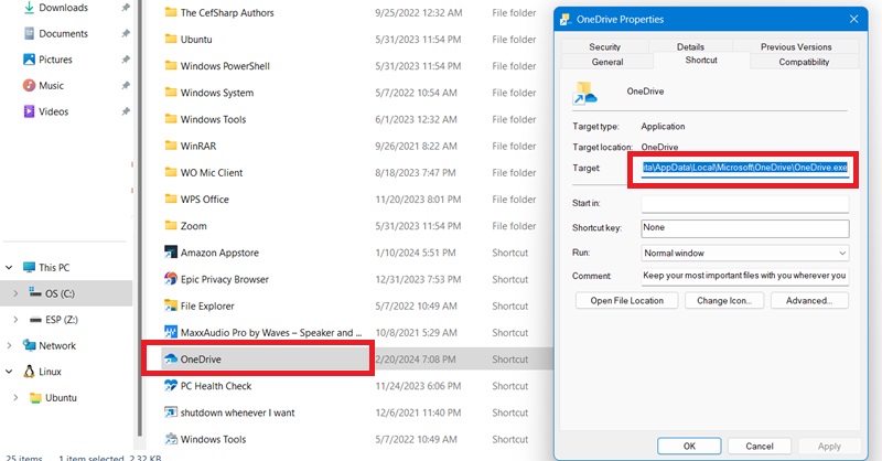 Installation path for the storage app in File Explorer, and its Properties.