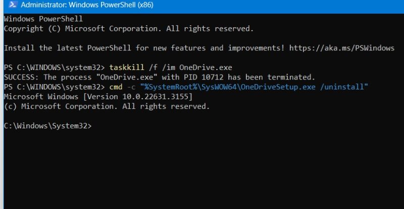 Taskkill command to uninstall an app from PowerShell window.