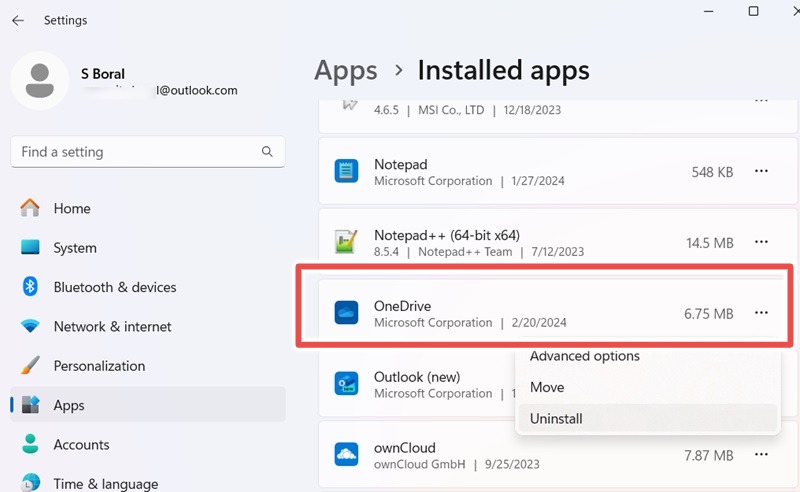 Right-click to uninstall an app from App settings.