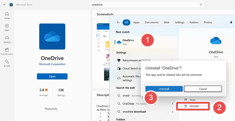 Steps to uninstall OneDrive directly from Windows Search in a regular way.