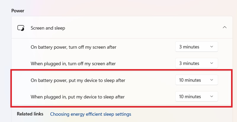 Power options for Sleep in Windows 11 with minutes timer visible.