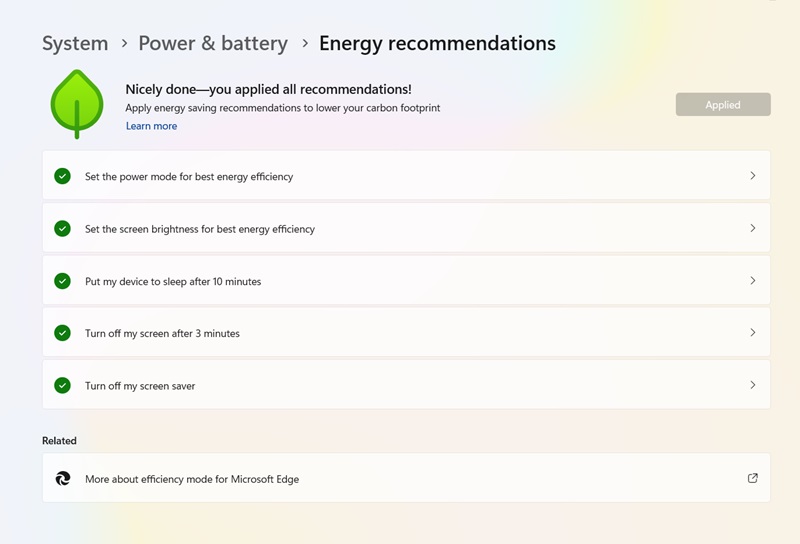 Energy recommendations fully applied to a Windows PC to optimize hardware usage during Sleep conditions.