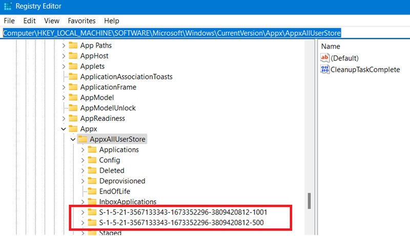 Locating SID entries under AppxAllUserStore in Registry Editor.