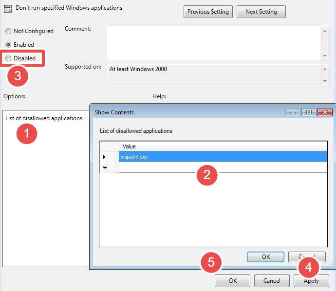 Steps to disable Paint setting as a disallowed application in Local Group Policy Editor.