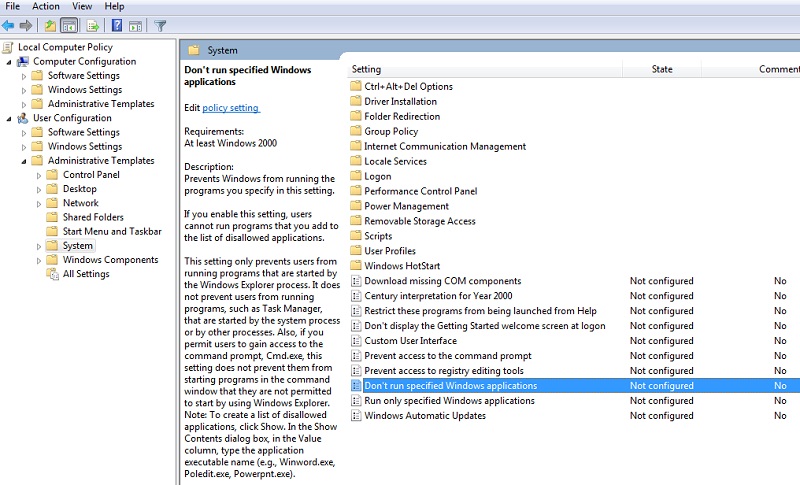 Local Group Policy Editor setting for "Don't run speciifc Windows Applications."