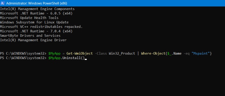 Using MyApp to uninstall a Paint package program in PowerShell.