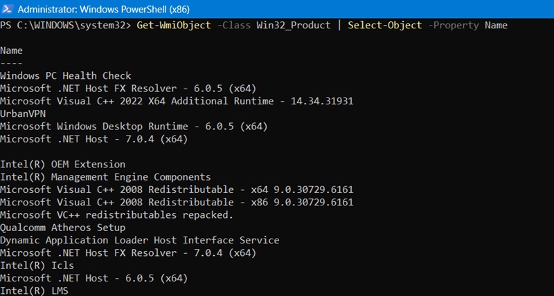 Listing various programs in PowerShell using Get-WmiObject command.