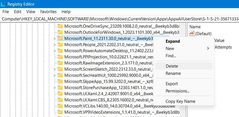 Right-click to delete SID entry related to Paint in the Registry Editor.