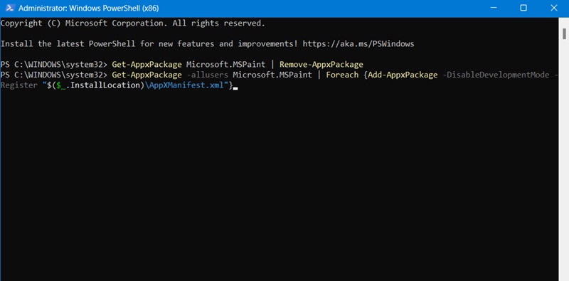 Remove and reinstall Paint by packages in PowerShell.