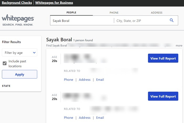 Running a background check using Whitepages Premium.