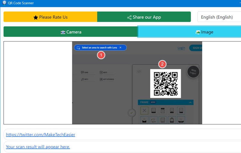 Using Microsoft Store app Free QR Code Scanner.