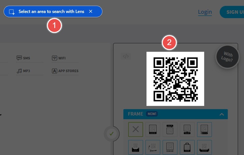 Selecting the borders around the area of a QR code using Google Lens.