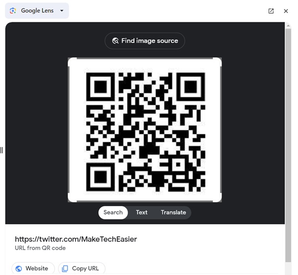 Google Lens results for a QR code displaying its URL and other details. 