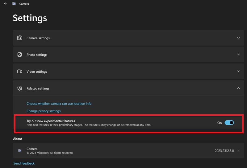 Turning "on" the Try Experimental features in Windows Camera settings. 