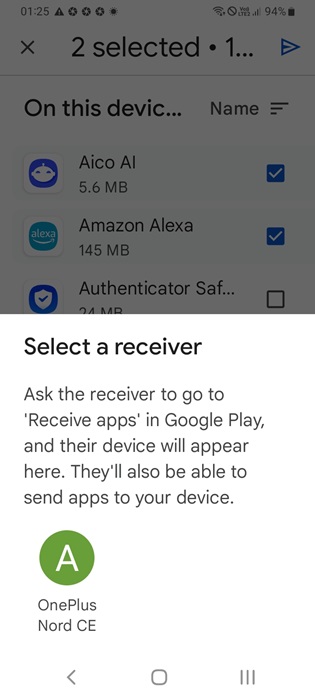 Using Google Play with Nearby Share to select receiver and share multiple apps.