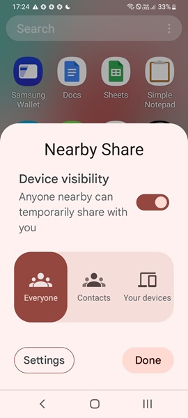 Turning the Device Visibility "on" in Nearby Share with the share setting adjusted to "Everyone."