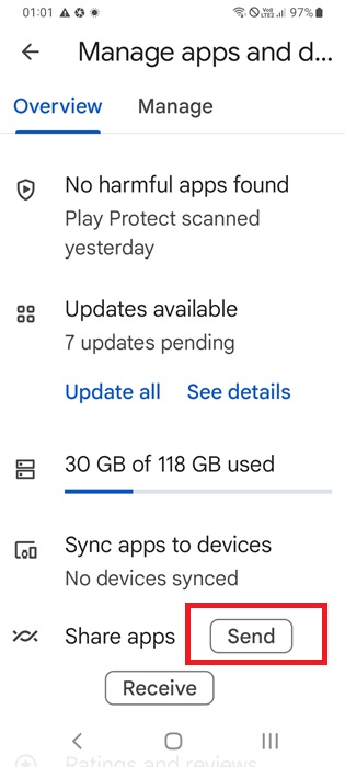Share apps by clicking "Send" in "Manage apps and devices" within Google Play app.