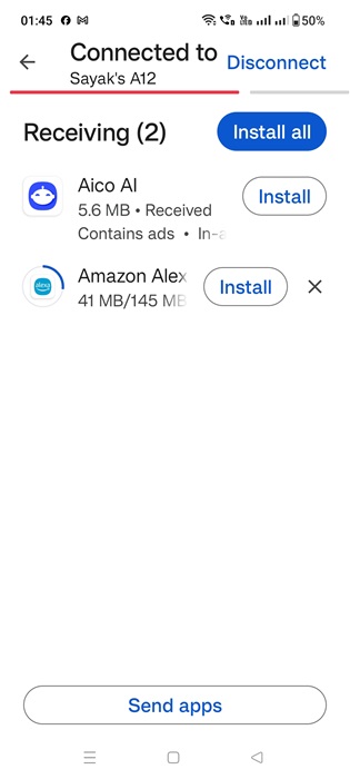 Receiving multiple apps in Nearby Share mode via Google Play's Share button.