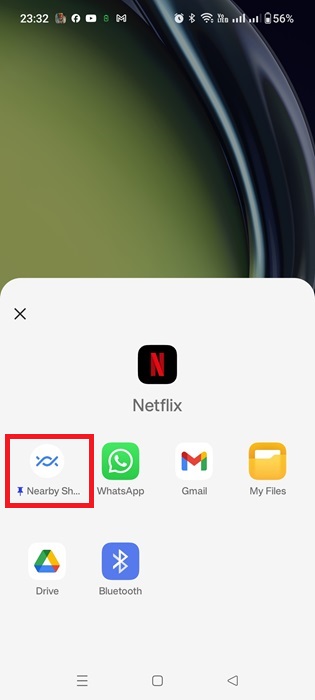 Sharing Netflix app using Nearby Share, among other visible options such as Gmail, WhatsApp, and Drive.