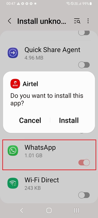 Enabling Install Unknown apps for WhatsApp on the phone.