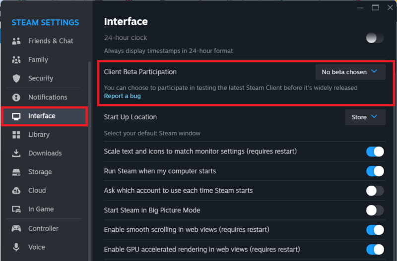 Disable beta in Steam settings