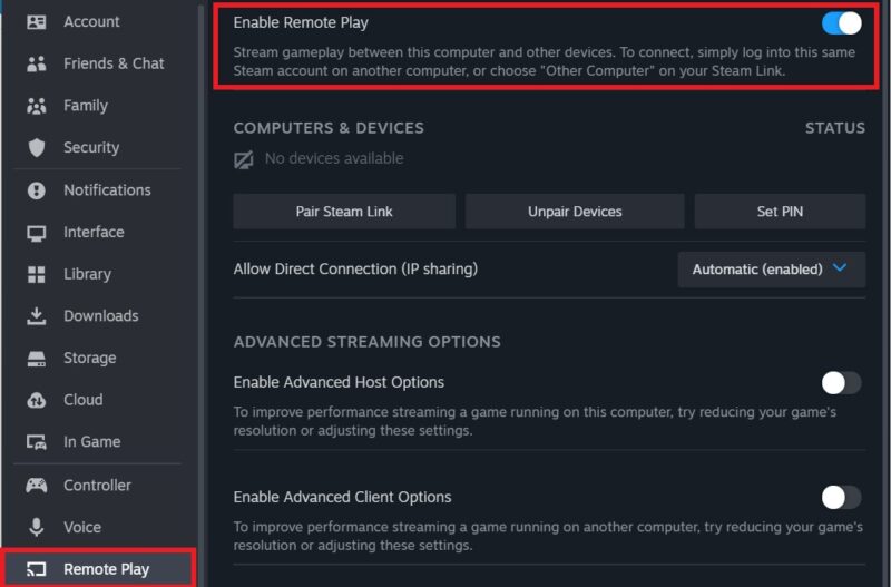 Enable Steam Remote Play in settings