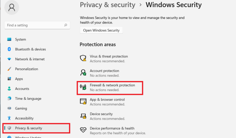 Windows firewall settings