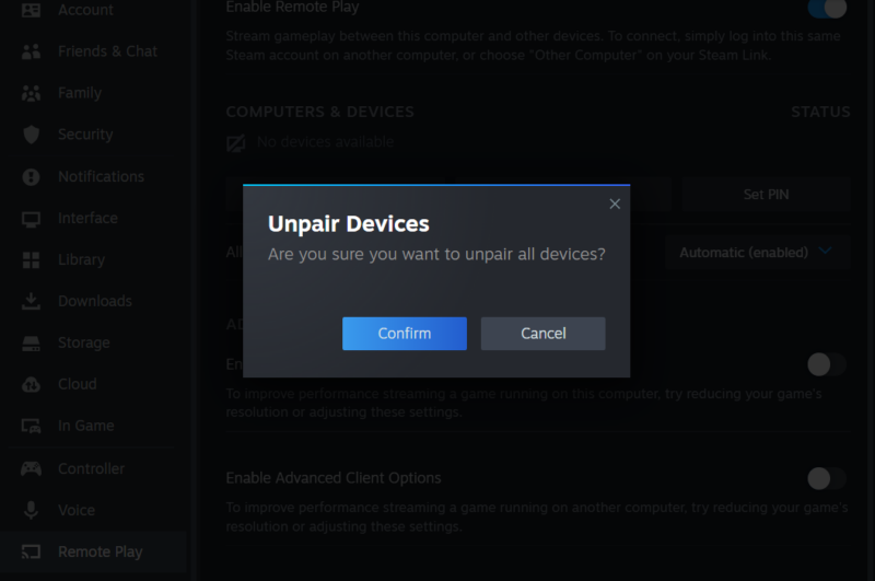 Unpair devices Steam Link