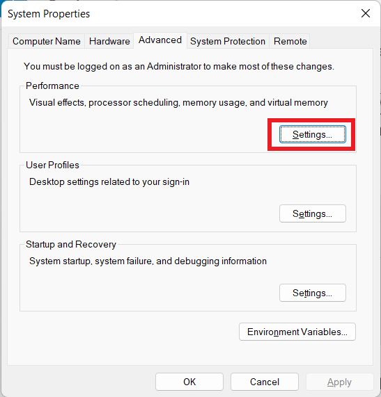 Viewing advanced system settings.