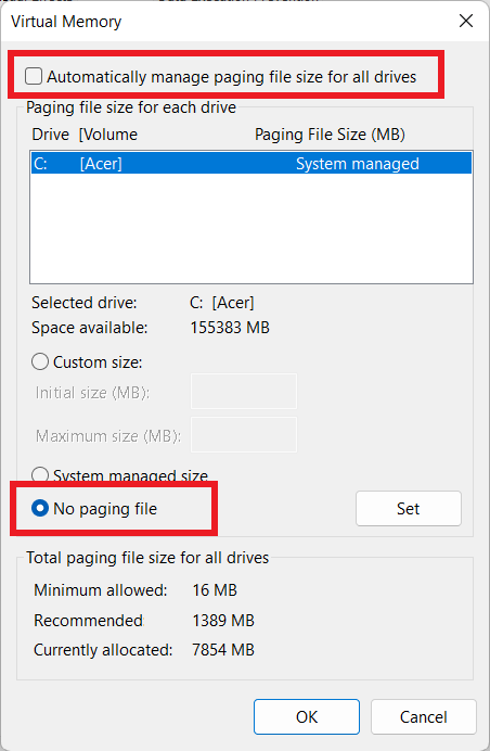 Disable paging file Windows